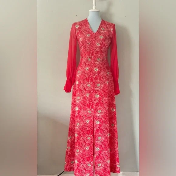 VINTAGE handmade maxi dress red floral formal - Picture 1 of 8